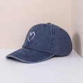 Close-up of heart embroidery on washed dark blue cotton baseball cap with curved brim - One Size (57-59cm) / Navy Blue