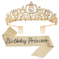 Detail of gold Birthday Princess glitter sash and crystal rhinestone tiara set - Gold (Gold Crown + Gold Sash)