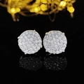 Elegant silver round stud earrings with pave-set cubic zirconia on a reflective background - Round Disc / Silver