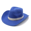 Ethnic style royal blue straw jazz hat with white lace trim for summer beach outings - M (56-58cm) / Blue