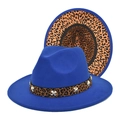 Detail of wool jazz hat with blue crown, leopard print brim, and silver star ornament - M (56-58cm) / Sapphire Blue