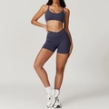 Dark blue quick-dry yoga set with cross V-waist gym shorts and sports bra for women - S / Top And Bottom / Bra + Shorts / Blue Gray