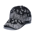 Black baseball cap with white paisley print in a 45-degree angle view on white background - 56-60cm Adjustable / Black