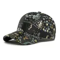 Ethnic style baseball cap with vintage floral embroidery in gold and blue tones - Adjustable / Black