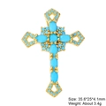 Gold finish cross pendant with turquoise stones and size parameters on white background - Style 80/Gold Turquoise Zircon Cross/35.6*25*4.1mm