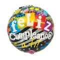 18-inch round black foil balloon with Feliz Cumpleaños a ti text and colorful dots - Round Spanish Birthday Music