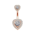 Detailed view of rose gold navel ring with double heart-shaped cubic zirconia crystals - Style 31-Rose Gold Pavé Double Heart