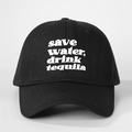 Black cotton baseball cap with Save Water Drink Tequila embroidery and curved brim - Black with White Logo