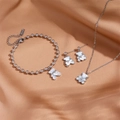 Silver stainless steel jewelry set featuring white bear pendants on necklace and bracelet - White Shell Steel Color Bear Jewelry Set