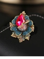 Exquisite rose brooch featuring large red crystal and blue rhinestones on gold alloy - Crystal Flower