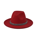Close-up of red flat brim wool fedora hat featuring a grey chain decorative band - Red(07)