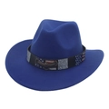 Side detail of a royal blue felt cowboy hat featuring a patriotic star and stripe band - Eagle Belt / Sapphire Blue