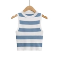 Detail shot of blue and white striped knit fabric and collar of the sleeveless vest - Blue Striped