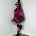 Detail of pink faux fur heart-shaped tote bag worn in a trendy y2k style with model - Rose Red