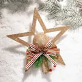 Golden Christmas star tree topper with pine cone, berries, and festive red plaid bow - Gold Glitter Tree Topper Star (Style J)