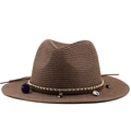 Detail of western straw hat with ethnic tassel, gold beads, shells and pompom trim - M (56-58cm) / Brown