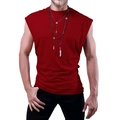 Men's loose sleeveless cotton T-shirt in vibrant red color for summer casual wear - Wine Red