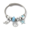 Silver woven steel bracelet with blue crystal beads and tree of life charms - Dolphin Life Tree Starfish (C2-020) / Blue