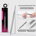 Detailed macro view of dual-head stainless steel manicure cuticle pusher tool, 135mm long - Double-ended Slanted Milling Cutter 02