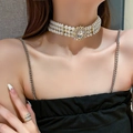 Detailed view of luxury three-layer pearl choker necklace with large crystal pendant - 23# Necklace - Vintage Triple Layer Pearl Crystal - Gold
