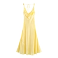 Elegante abito lungo in raso giallo pallido con scollo a cappuccio e spalline sottili - XS / Giallo