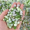 Mixed green and white faux pearls with gold rhinestones for DIY nail art and crafts - Half-circle Pearl Mixed With Green And Gray Tones - J / 30 g