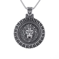 Viking lion head embossed round pendant necklace in silver stainless steel for men - Pendant Only (D0502)