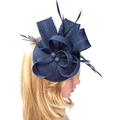 Navy blue fascinator hat with feathers and mesh bow on a mannequin for elegant parties - Navy Blue