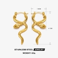 Pair of golden stainless steel snake earrings with polished finish on white background - Gold Snake Earrings