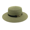Detail of sage green flat top straw hat showing fine weave texture and metal buckle strap - M (56-58cm) / Army Green