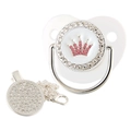 White baby pacifier set with silver crown and pink rhinestone clip on a white background - Silver White Crown