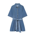 Klassisches blaues Jeans-Hemdkleid mit kurzen Ärmeln, Taillenband und Metallknöpfen - XS / Blau