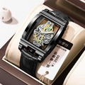 Men's tonneau skeleton mechanical watch with black leather strap and gear display - Black Leather Black Steel