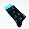 Detail of crew socks with blue headphone patterns and ribbed cuffs on black cotton fabric - One Size / Headphone Pattern (A167)