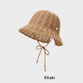 Breathable hollow-out knit sun hat in khaki with chin strap and metal detail - Adjustable (54-58cm) / Khaki