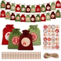24-day Christmas countdown linen drawstring bags set with red and green festive patterns - Advent Calendar Style 10
