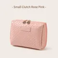 Small rose pink woven PU leather makeup bag with gold double zippers and texture details - Handbag Small / Pink