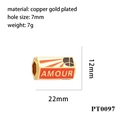 Detail of rectangular gold-plated copper bead with AMOUR text and eye motif dimensions - PT0097-Red White Gold AMOUR Bead