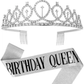 Silver Birthday Queen sash with glitter fabric and matching rhinestone tiara set - Silver Crown And Silver Birthday Queen Sash