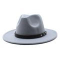 Light gray wool fedora hat with wide brim, black leather band and silver rivet accents - M (56-58cm) / Light Gray