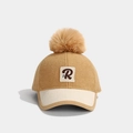 Khaki wool baseball cap with beige corduroy brim, fluffy pompom, and 'R' letter patch - 52-54cm (3-7 Years) / Letter R-Khaki