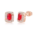 Square rose gold stud earrings with large red zircon center stone and halo white diamonds - Rose Gold + Red Stone Earrings
