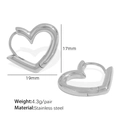 Polished silver heart stud earrings in stainless steel with 17mm by 19mm dimensions - Silver