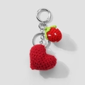 Handmade crochet keychain with red strawberry and 3D heart charms on silver ring - Red Crochet Strawberry Heart Style