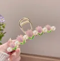 Golden hair claw clip with pink tulips and pearls for elegant hairstyling accessory - Light Purple Tulip-YZAP45-24