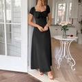 Elegant black off-shoulder maxi dress with puff sleeves and cinched waist for women - S / Black