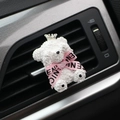 White teddy bear car freshener with pink ribbon and silver crown on air vent - Silver Crown/Pink Ribbon / White