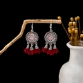 Bohemian mandala earrings with pink floral enamel and red fabric tassel charms - E5938-1 Red Fabric Tassel