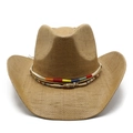 Sombrero de vaquero de paja marrón con banda étnica de colores y concha sobre fondo blanco - M(56-58cm) / Caqui