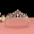Golden bridal crown accessory featuring pink marquise stones and white rhinestones - KC Gold Pink Crystal Crown